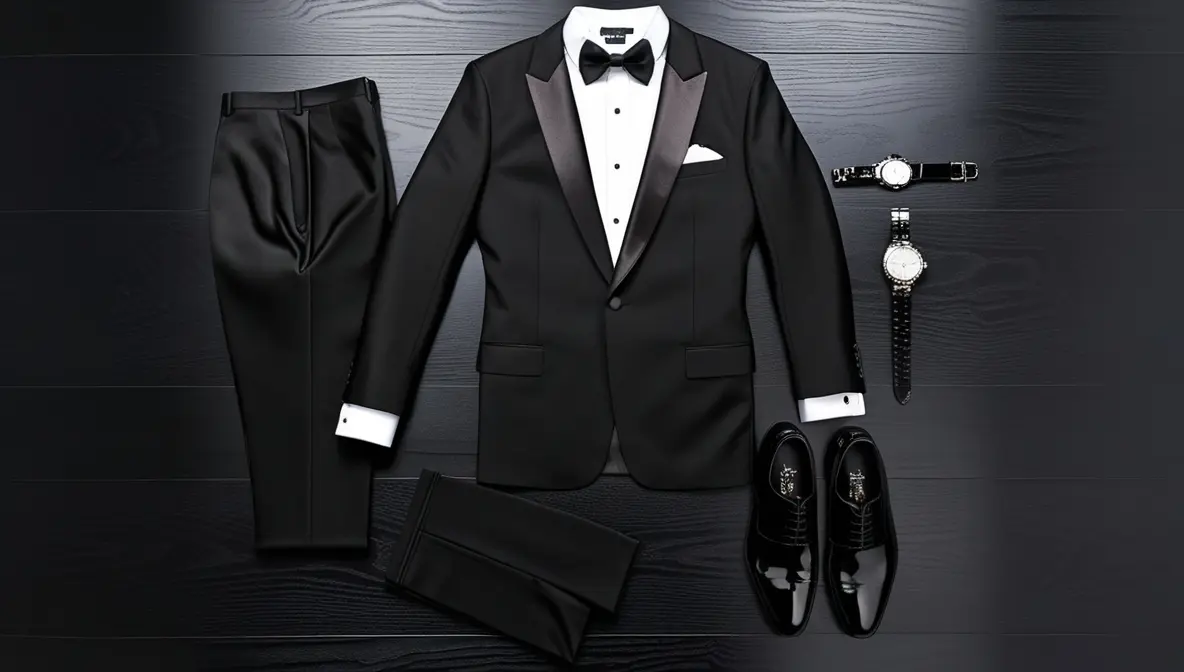 Outfit formal para casino hombre: esmoquin negro, camisa blanca y zapatos de charol
