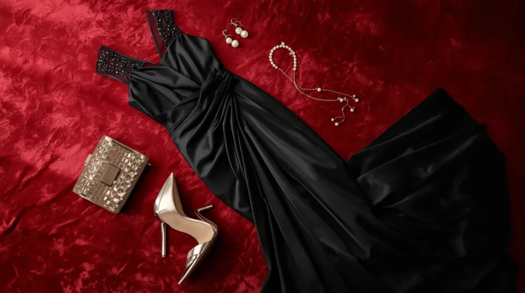 Outfit formal para casino mujer: vestido largo negro, tacones y accesorios elegantes