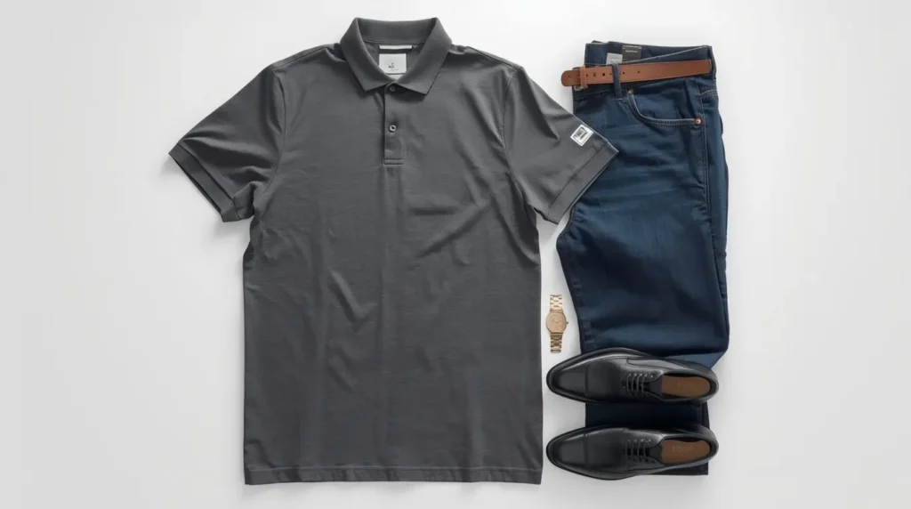 Outfit informal elegante para casino hombre: polo, jeans oscuros y zapatos de cuero