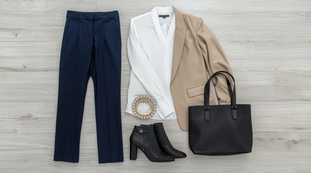 Outfit informal elegante para casino mujer: pantalones, blusa y blazer