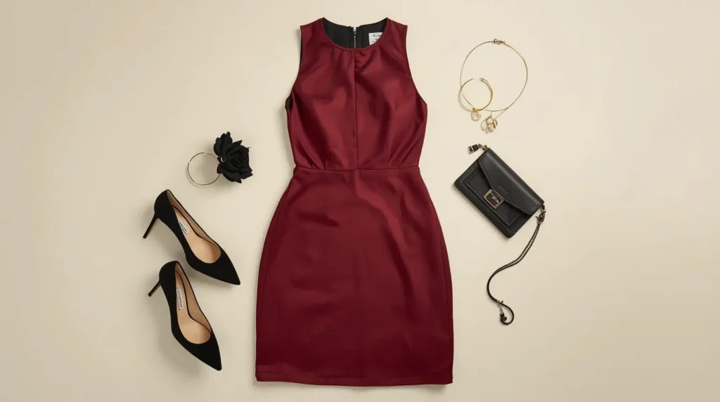 Outfit semiformal para casino mujer: vestido de cóctel, tacones y bolso elegante