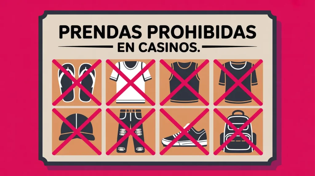 Infografía de prendas prohibidas en casinos: chanclas, shorts, camisetas deportivas y gorras
