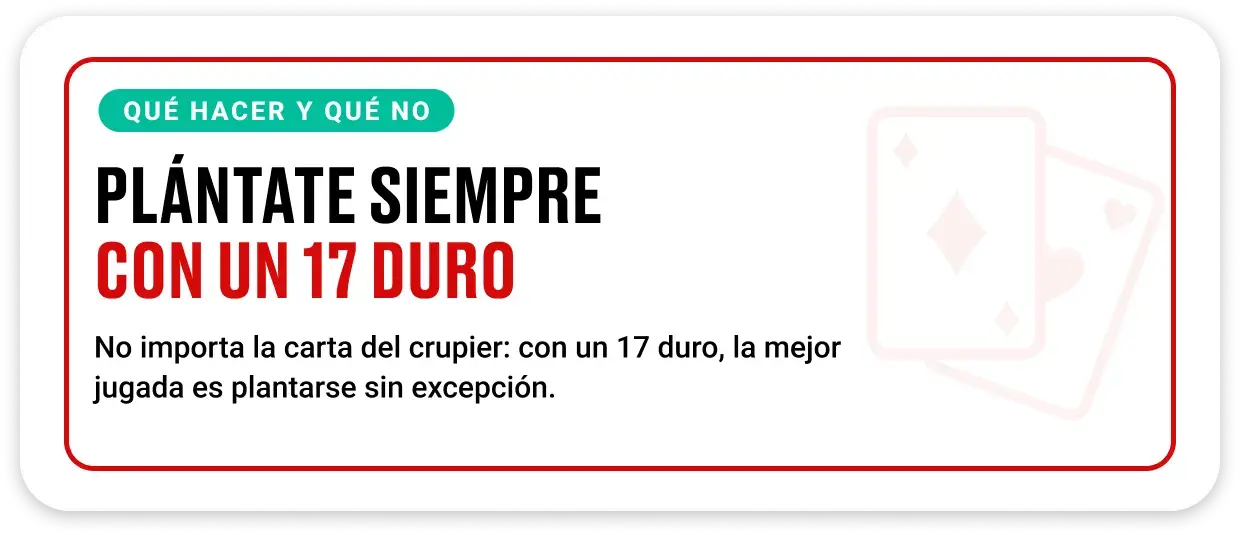 Jugador plantándose con 17 duro en blackjack