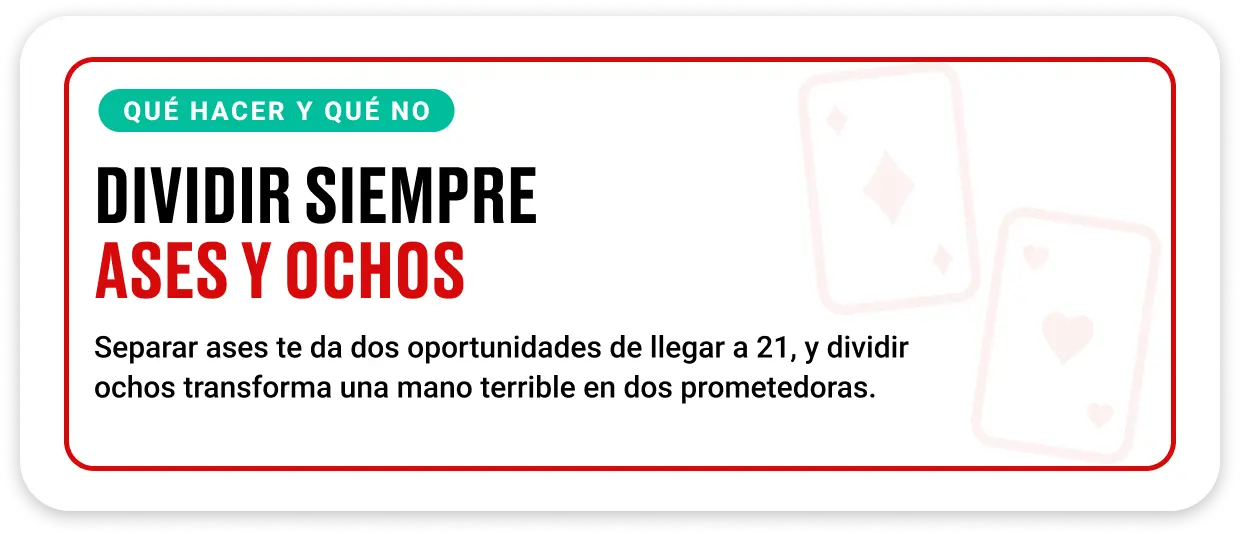 Cartas de blackjack mostrando dos ases y dos ochos separados sobre una mesa de casino