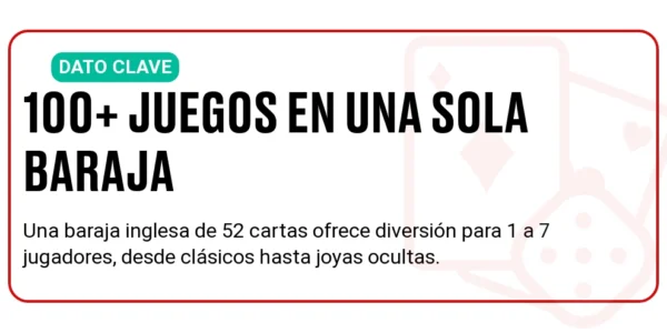 Una baraja inglesa estándar permite jugar más de 100 juegos diferentes, desde solitarios hasta partidas para 7 jugadores.
